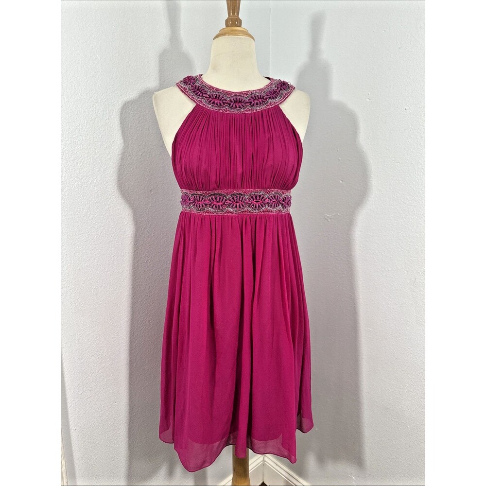 Aidan Mattox Mini Dress Womens 2 Pink Silk Beaded Halter Babydoll Hoco 90s Y2K